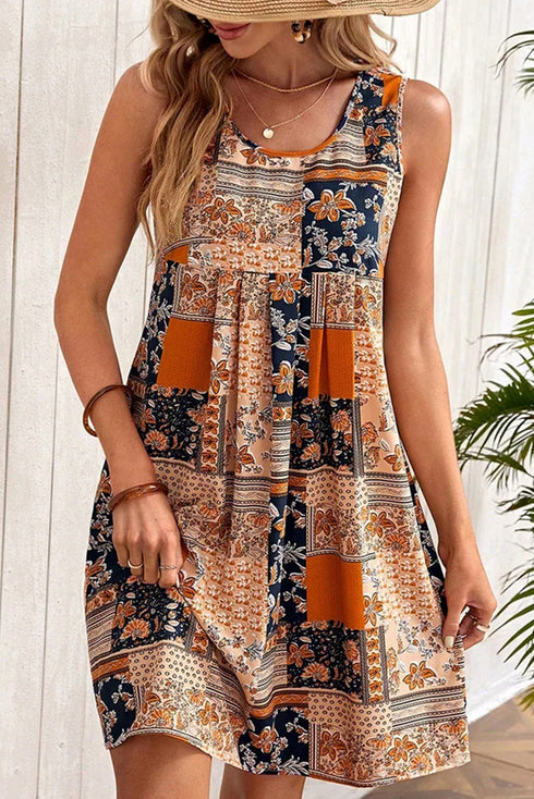 Orange Retro Floral Patchwork Print Sleeveless Mini Dress